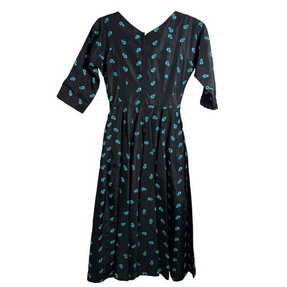 Vintage 50s Fit & Flare Dress - Black w Teal Floral Embroidery - XS/S Du-Rite - Picture 6 of 11